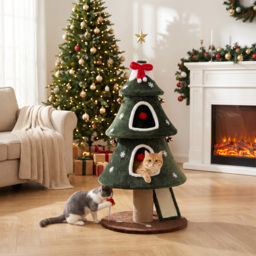 PawHut Cat Tree, Christmas Cat Tower with Dual Condos, Sisal Ladder, Jute Posts, Anti-Tip Rope, Hanging Balls, 60 x 60 x 132 cm - thumbnail 8