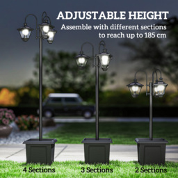 Outsunny Solar Lamp Post with Dusk-to-Dawn Sensor Street Light with 3-Head Planter 185 cm Black - thumbnail 8