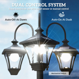 Outsunny Solar Lamp Post with Dusk-to-Dawn Sensor Street Light with 3-Head Planter 185 cm Black - thumbnail 5