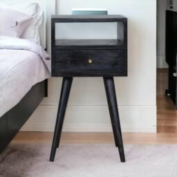 Mini Nightstand with Drawer and Open Shelf, Sustainable Construction, Small side table for Bedroom, 30L x 30W x 57H cm, Black - Aosom UK - thumbnail 1