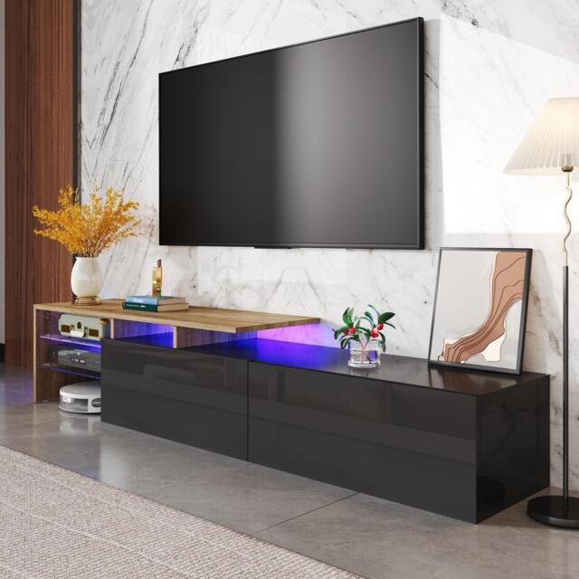 Modern TV Cabinet with LED Lighting and Storage Compartments, Durable TV Stand for Living Room, 170L x 33W x 33.5H cm, Black+Natural - Aosom UK - image 1