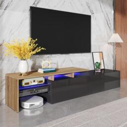 Modern TV Cabinet with LED Lighting and Storage Compartments, Durable TV Stand for Living Room, 170L x 33W x 33.5H cm, Black+Natural - Aosom UK - thumbnail 4