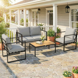 Outsunny Outdoor Garden Furniture Set, 4 Piece Patio Furniture with Slatted Table, Indoor Outdoor Balcony Patio Conservatory Set - thumbnail 2