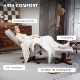 HOMCOM Linen Swivel Recliner Chair with Footstool, Upholstered Reclining Armchair with Wooden Base for Living Room, Light Grey - thumbnail 6
