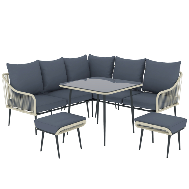 Outsunny 6 Piece Garden Furniture Set, Garden Corner Sofa Set with Thickened Cushions, Glass Top Table and Footstools for Conservatory, Light Grey - image 1
