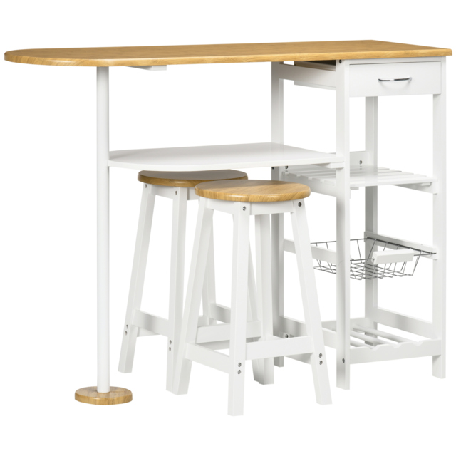 HOMCOM 3 Piece Bar Table and Stools w/ Storage Shelf, Drawer, Wire Basket & Wine Rack, Bar Table Set for Kitchen, Natural & White - Aosom UK - image 1