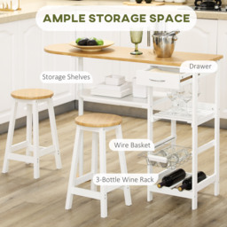 HOMCOM 3 Piece Bar Table and Stools w/ Storage Shelf, Drawer, Wire Basket & Wine Rack, Bar Table Set for Kitchen, Natural & White - Aosom UK - thumbnail 4