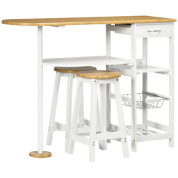 HOMCOM 3 Piece Bar Table and Stools w/ Storage Shelf, Drawer, Wire Basket & Wine Rack, Bar Table Set for Kitchen, Natural & White - Aosom UK - thumbnail 1