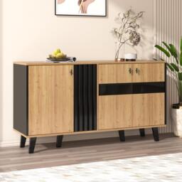 On-Trend Sideboard with Colour-Coordinated Design, Stylish Storage Cabinet with Glass-Front Door, 140L x 41W x 78.5H cm, Black+Wood - Aosom UK