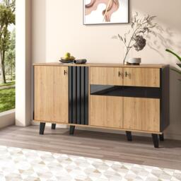 On-Trend Sideboard with Colour-Coordinated Design, Stylish Storage Cabinet with Glass-Front Door, 140L x 41W x 78.5H cm, Black+Wood - Aosom UK - thumbnail 4