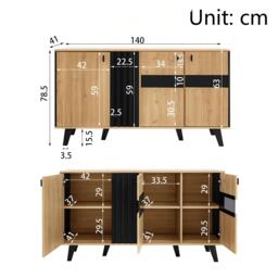 On-Trend Sideboard with Colour-Coordinated Design, Stylish Storage Cabinet with Glass-Front Door, 140L x 41W x 78.5H cm, Black+Wood - Aosom UK - thumbnail 3
