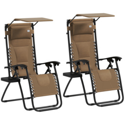 Outsunny Zero Gravity Lounger Chair Set of 2, Folding Reclining Patio Chair with Shade Cover, Cup Holder, Soft Cushion and Headrest, Brown - thumbnail 1