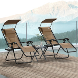 Outsunny Zero Gravity Lounger Chair Set of 2, Folding Reclining Patio Chair with Shade Cover, Cup Holder, Soft Cushion and Headrest, Brown - thumbnail 2