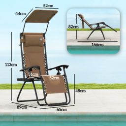 Outsunny Zero Gravity Lounger Chair Set of 2, Folding Reclining Patio Chair with Shade Cover, Cup Holder, Soft Cushion and Headrest, Brown - thumbnail 3