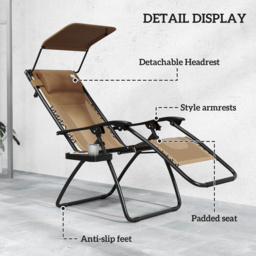 Outsunny Zero Gravity Lounger Chair Set of 2, Folding Reclining Patio Chair with Shade Cover, Cup Holder, Soft Cushion and Headrest, Brown - thumbnail 5