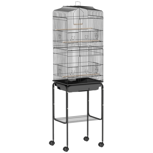 PawHut Bird Cage for Small Birds, Budgie Finch Canary Parakeet Home with Mobile Stand, Slide-out Cleaning Tray, Accessory Shelf, Onyx - Aosom UK - image 1