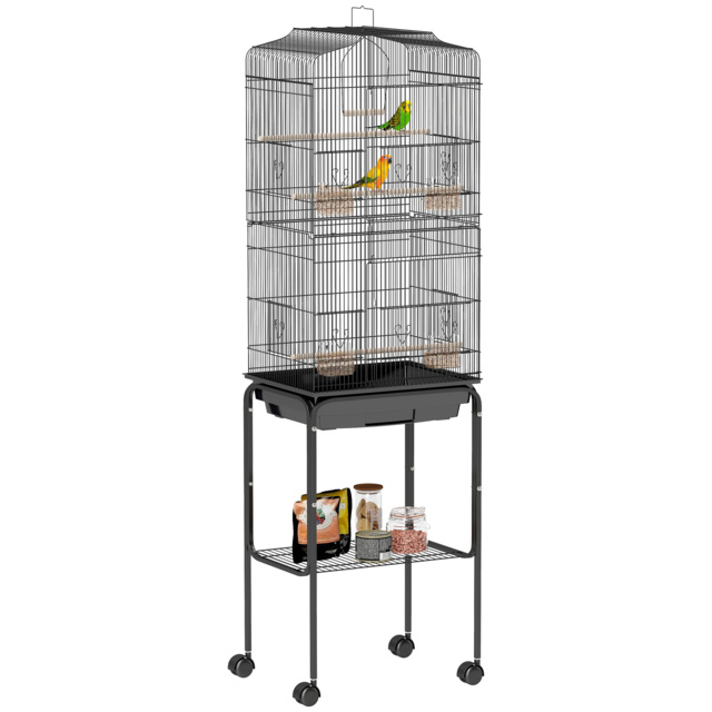 PawHut Bird Cage for Small Birds, Budgie Finch Canary Parakeet Home with Mobile Stand, Slide-out Cleaning Tray, Accessory Shelf, Onyx - Aosom UK - image 1