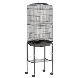 PawHut Bird Cage for Small Birds, Budgie Finch Canary Parakeet Home with Mobile Stand, Slide-out Cleaning Tray, Accessory Shelf, Onyx - Aosom UK