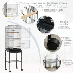 PawHut Bird Cage for Small Birds, Budgie Finch Canary Parakeet Home with Mobile Stand, Slide-out Cleaning Tray, Accessory Shelf, Onyx - Aosom UK - thumbnail 5