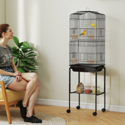 PawHut Bird Cage for Small Birds, Budgie Finch Canary Parakeet Home with Mobile Stand, Slide-out Cleaning Tray, Accessory Shelf, Onyx - Aosom UK - thumbnail 2