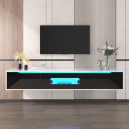 Black TV Unit with High Gloss and Color Changing LED Lights, TV Sideboard with 3 Storage Space, for Bedroom, 180L x 35W x 30H cm, Black - Aosom.UK