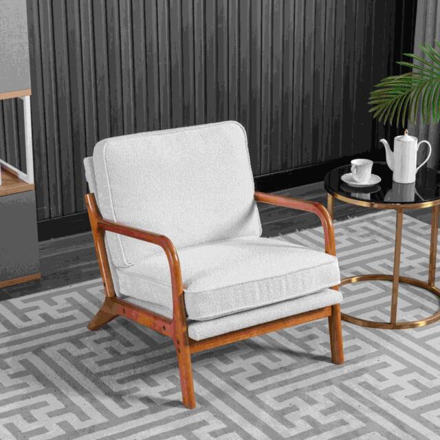 Mid-Century Modern Accent Chair with Solid Wood Frame and Soft Cushion, Comfy Armchair for Living Room, Ergonomic Design, 65x80x76cm, Beige - Aosom.UK - image 1
