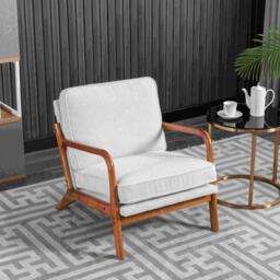 Mid-Century Modern Accent Chair with Solid Wood Frame and Soft Cushion, Comfy Armchair for Living Room, Ergonomic Design, 65x80x76cm, Beige - Aosom.UK - thumbnail 1