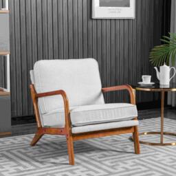 Mid-Century Modern Accent Chair with Solid Wood Frame and Soft Cushion, Comfy Armchair for Living Room, Ergonomic Design, 65x80x76cm, Beige - Aosom.UK - thumbnail 4
