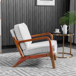 Mid-Century Modern Accent Chair with Solid Wood Frame and Soft Cushion, Comfy Armchair for Living Room, Ergonomic Design, 65x80x76cm, Beige - Aosom.UK - thumbnail 5