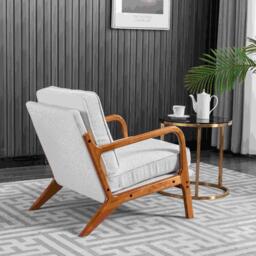 Mid-Century Modern Accent Chair with Solid Wood Frame and Soft Cushion, Comfy Armchair for Living Room, Ergonomic Design, 65x80x76cm, Beige - Aosom.UK - thumbnail 6