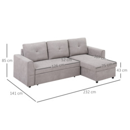 HOMCOM 3 Seater Sofa Bed, Pull Out Sofa Bed with Larger Bed Size & Thicker Cushion Padding, Corner Sofa Bed with Storage, Light Grey - Aosom UK - thumbnail 3