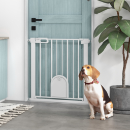 PawHut 75-82cm Pet Safety Gate with Double Locking, Pressure Fit Stair with Cat Flat for Doorways, Hallways, White - Aosom UK - thumbnail 2