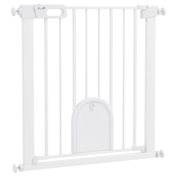 PawHut 75-82cm Pet Safety Gate with Double Locking, Pressure Fit Stair with Cat Flat for Doorways, Hallways, White - Aosom UK - thumbnail 1