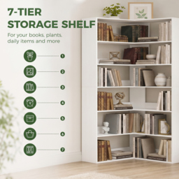 HOMCOM 7 Tiers Bookshelf, L-Shaped Corner Bookcase with Anti-Slip Rear Guard, White Wood Effect - thumbnail 5
