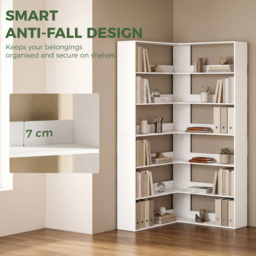 HOMCOM 7 Tiers Bookshelf, L-Shaped Corner Bookcase with Anti-Slip Rear Guard, White Wood Effect - thumbnail 6