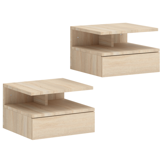 HOMCOM Set of Two Floating Bedside Tables - Oak - image 1