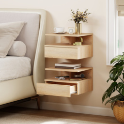 HOMCOM Set of Two Floating Bedside Tables - Oak - thumbnail 2