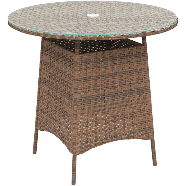 Outsunny Wicker Garden Rattan Table, Patio Furniture Outdoor Coffee Table with Umbrella Hole and Tempered Glass Top, Brown - image 1