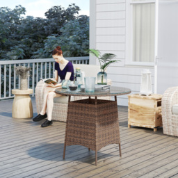 Outsunny Wicker Garden Rattan Table, Patio Furniture Outdoor Coffee Table with Umbrella Hole and Tempered Glass Top, Brown - thumbnail 2
