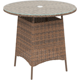 Outsunny Wicker Garden Rattan Table, Patio Furniture Outdoor Coffee Table with Umbrella Hole and Tempered Glass Top, Brown - thumbnail 1