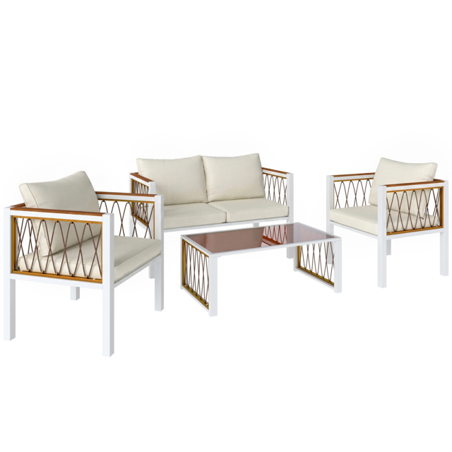 Outsunny 4 Piece Rattan Garden Furniture Set with Loveseat, 2 Armchairs, Table, Metal Frame Patio Conversation Set, Cream White - image 1