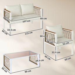 Outsunny 4 Piece Rattan Garden Furniture Set with Loveseat, 2 Armchairs, Table, Metal Frame Patio Conversation Set, Cream White - thumbnail 3