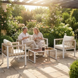 Outsunny 4 Piece Rattan Garden Furniture Set with Loveseat, 2 Armchairs, Table, Metal Frame Patio Conversation Set, Cream White - thumbnail 2