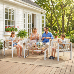 Outsunny 4 Piece Rattan Garden Furniture Set with Loveseat, 2 Armchairs, Table, Metal Frame Patio Conversation Set, Cream White - thumbnail 8