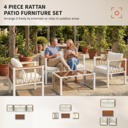 Outsunny 4 Piece Rattan Garden Furniture Set with Loveseat, 2 Armchairs, Table, Metal Frame Patio Conversation Set, Cream White - thumbnail 5