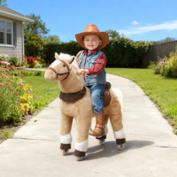 AIYAPLAY Rocking Horse, Plush Ride On Horse with Rolling Wheels & Saddle, Ride On Pony Toy for Kids 3-5 Years, Up to 25kg, Brown - thumbnail 2
