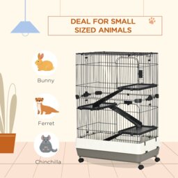 Pawhut 3 Tier Rolling Small Animal Rabbit Cage Chinchillas Hutch Pet Play House with Platform Ramp Removable Tray 81.2 x 52.7 x 110 cm - thumbnail 6