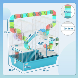 PawHut 4 Tier Hamster Cage w/ Tubes, Exercise Wheel, Hut, Water Bottle, Food Dish, Ramps, for Drawf, 58 x 36 x 65cm, Light Blue - thumbnail 3