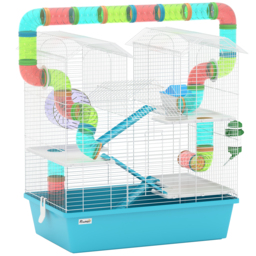 PawHut 4 Tier Hamster Cage w/ Tubes, Exercise Wheel, Hut, Water Bottle, Food Dish, Ramps, for Drawf, 58 x 36 x 65cm, Light Blue - thumbnail 1