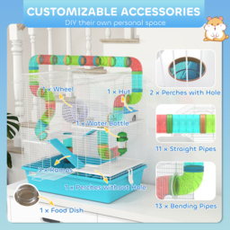 PawHut 4 Tier Hamster Cage w/ Tubes, Exercise Wheel, Hut, Water Bottle, Food Dish, Ramps, for Drawf, 58 x 36 x 65cm, Light Blue - thumbnail 6
